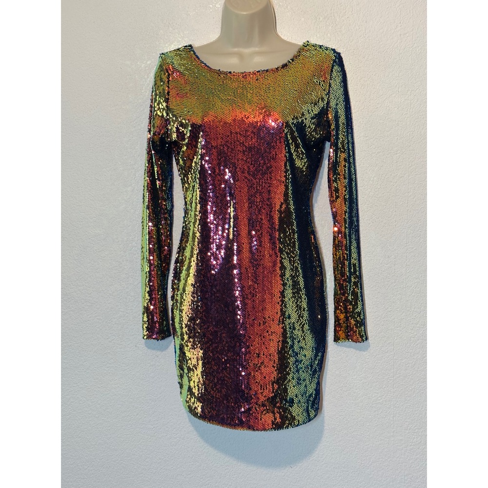 Motel Iridescent Sequin Mini Dress Long Sleeve Open Back Orange Green Womens S